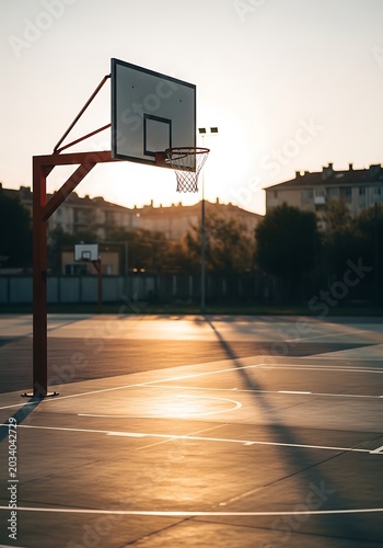 Empty Outdoor Basketball Court at Sunset with Hoop and Shadows.