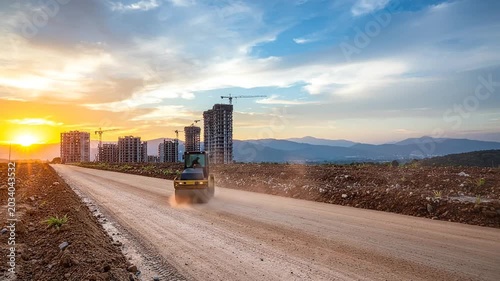 Yellow road roller on a construction site at sunset