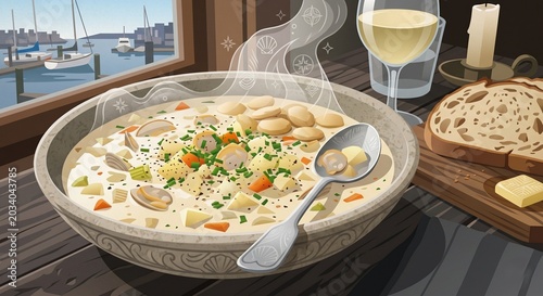 Creamy Seafood Soup with Croutons and Parsley on a Dock