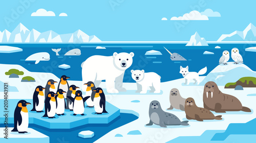 Bild auf Leinwand Arctic wildlife with polar bear and penguins on ice.