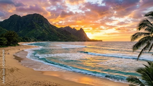 Sunset over Tunnels Beach Kauai, scenic tropical destination concept for travel, tourism, coastal adventure and paradise branding campaigns, dramatic golden sky, ocean textures, peaceful island