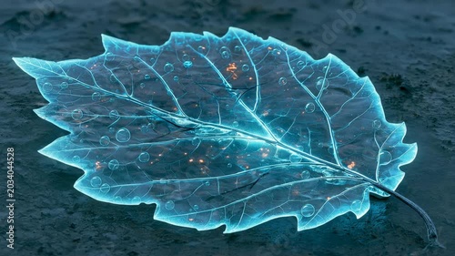 Glowing Transparent Frozen Leaf with Luminous Cyan Veins on Dark Ice Surface