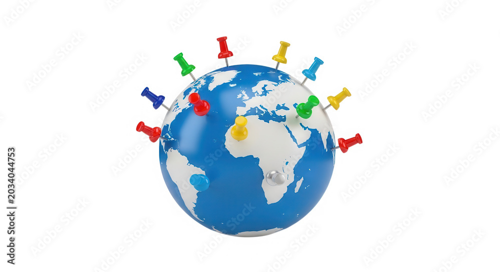 Naklejka premium Blue earth globe with colorful push pins marking locations around world isolated on transparent background