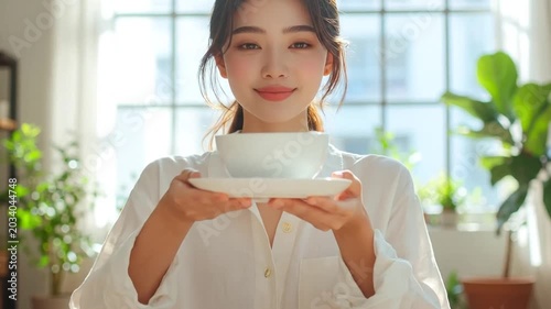 Young Asian woman unpacking boxes in bright new apartment