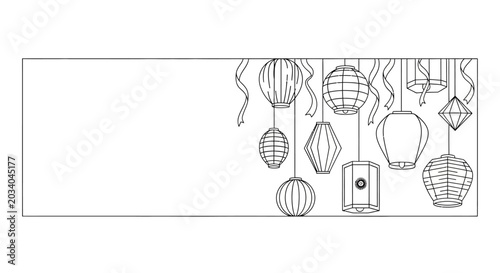 Fotografie Decorative Chinese Paper Lanterns Line Art Illustration