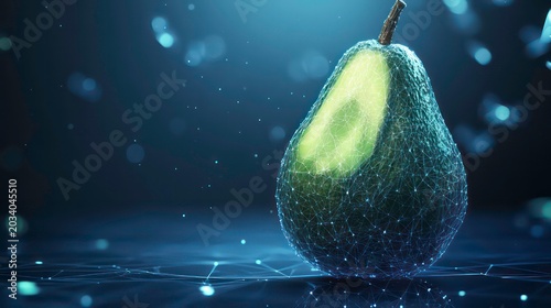 A digital representation of an avocado highlighting its inner structure.