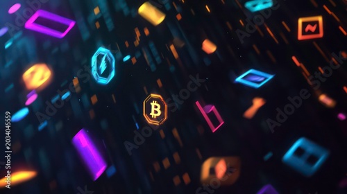 A digital representation of cryptocurrency symbols in a dynamic, colorful environment.