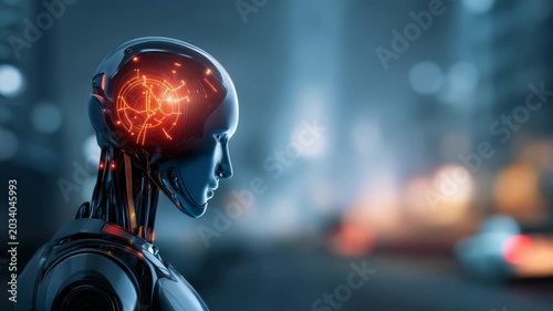 A sleek robot with glowing neural pathways in its head represents the integration of AI in urban environments. The image conveys progress in robotics and digital transformation