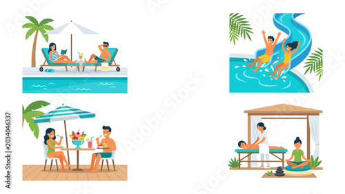 Quadro em tela Vacation Montage: A vibrant collection of four illustrations depicting idyllic vacation scenes: relaxation by a pool, thrilling waterslide descent, outdoor dining with refreshing drinks