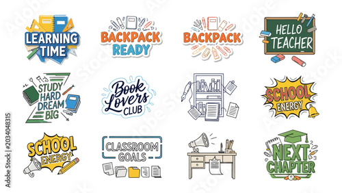 Collection of School-Related Illustrations: A vibrant set of graphic elements for education, featuring motivational phrases and classroom imagery, perfect for school projects and learning resources.