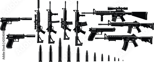 Foto Military Weapon and Firearm Silhouette Icon Set with Assault Rifle Sniper Pistol
