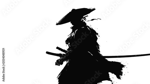Samurai warrior silhouette in traditional japanese armor with sword on transparent background