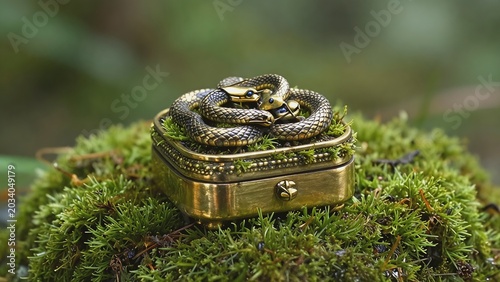 Ornate Brass Snake Trinket Box on Mossy Ground