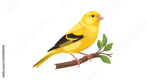 Tableau sur toile Bright Yellow Canary Bird Perched on a Tree Branch with Green Leaves