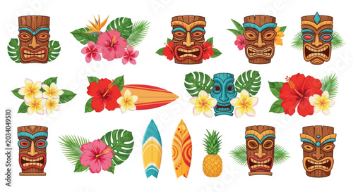 Fotografía Hawaiian Tiki Masks, Surfboards, Pineapple and Tropical Flowers Collection