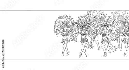 Schilderij op canvas Black and White Coloring Page Featuring Carnival Dancers with Elaborate Feather