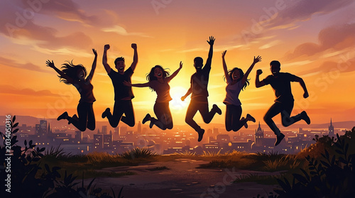 A group of happy young friends joyfully leaping into the air against a breathtaking sunset city backdrop