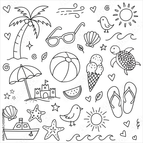Hand drawn summer vacation doodle set with palm tree, sun, ice cream, beach ball, sunglasses, turtle and seashells isolated on white background.
