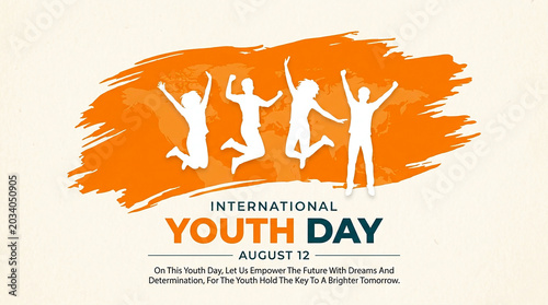 Graphic design celebrating International Youth Day with jumping figures against an orange brushstroke