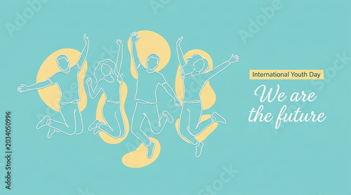 An artistic graphic celebrating International Youth Day with four people jumping in unison against a