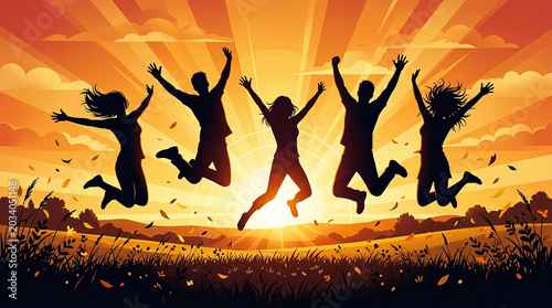 Five joyful people jumping high in silhouette against a bright orange sunset sky with blooming meadows
