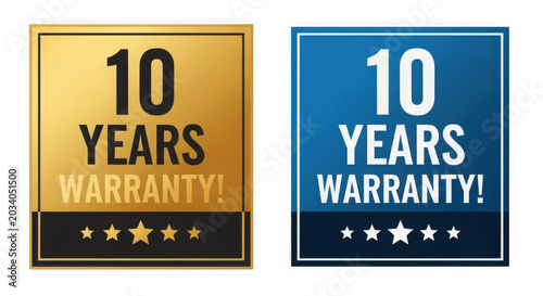 Ten years warranty gold and blue badge label sign set isolated on transparent background