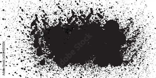 Black ink brush stroke texture with splatter effects on white background