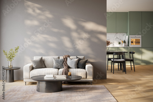 Modern living room interior with large wall copy space, soft daylight, sofa and minimalist decor, ideal for home design and real estate marketing. 3d render