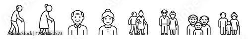 фотографія Set of line icons showing elderly people, seniors with walking sticks, and famil