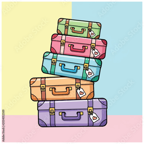 Stack of colorful vintage luggage suitcases.