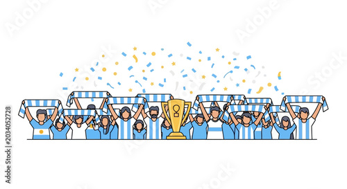Argentina Soccer Fans Celebrating Championship Victory with Trophy and Confetti