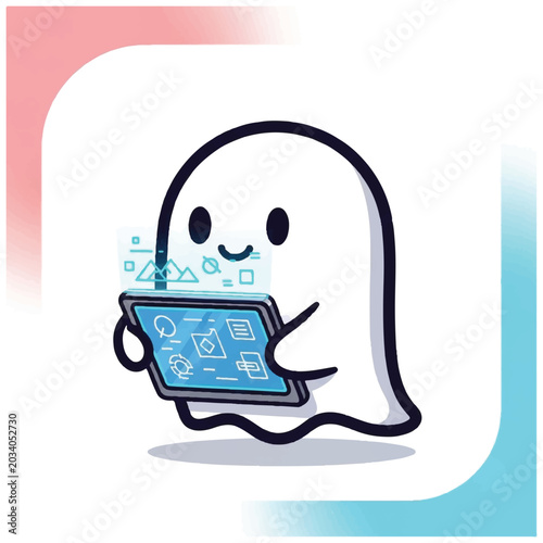 Smiling ghost holding a tablet device.