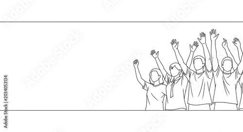 Group of People Raising Hands Line Art Illustration