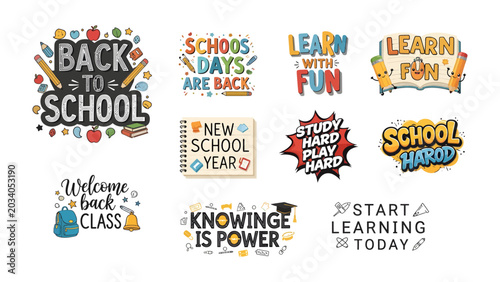 Foto Back to School Collection: A vibrant compilation of graphic elements and text designs celebrating the start of a new school year, encouraging learning and academic success