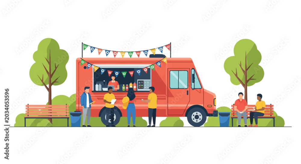 Fototapeta premium A modern food truck decorated with soccer pennants in a public park, diverse customers waiting in line, trees and park benches in the background, minimalist flat vector artwork, clipart style,