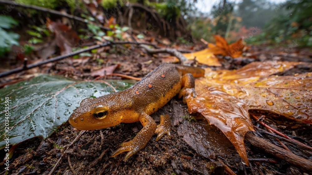 Fototapeta premium Close-Up of Salamander on Leafy Ground