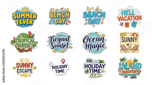 Photos Summer Holiday Sticker Collection: A vibrant compilation of twelve unique stickers, each capturing the essence of summer fun, beach days, tropical escapes, and island dreaming