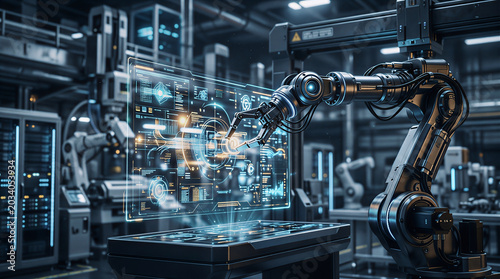 Robotic Arm with Futuristic Holographic Interface computer electronic circuit board