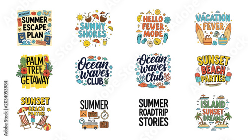 Foto Summer Vibes Collection: A vibrant collage of twelve unique, hand-drawn summer-themed design elements, each exuding a distinct vacation and travel mood, perfect for apparel and promotional materials
