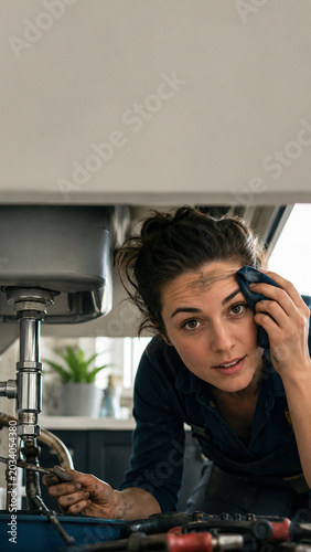 Authentic Female Plumber Repairing Kitchen Sink with Tools and Copy Space