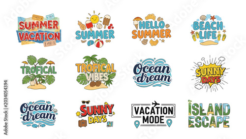 Tableau sur toile Summer Vacation Design Collection: A vibrant compilation of twelve unique summer-themed graphic designs, featuring creative typography and playful illustrations celebrating vacation, tropical vibes