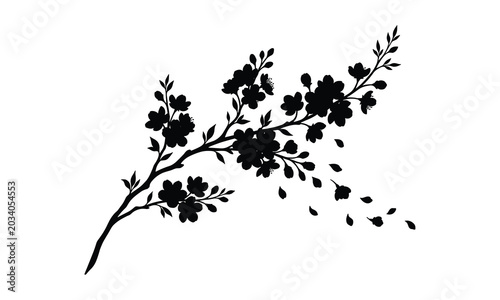 Black cherry blossom branch silhouette with falling petals floral vector design element for spring nature decoration isolated on white background