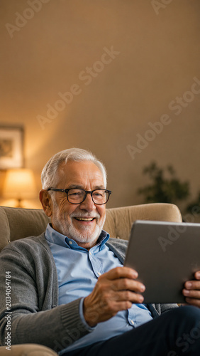 Vertical Portrait of Smiling Senior Man Using Tablet for Telehealth Call