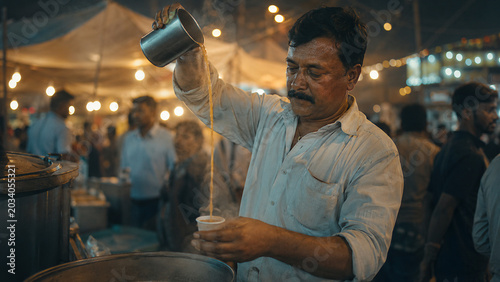 Authentic South Asian Street Food Vendor Pouring Chai at Night Market