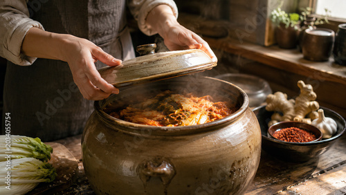 Traditional Home Fermentation of Kimchi and Kombucha in Rustic Kitchen