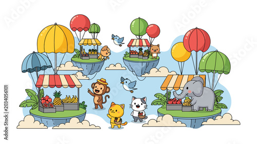 Quadro su tela Floating Market Extravaganza: Whimsical animals gather at vibrant market stalls set upon floating islands, adorned with colorful balloons and lush greenery