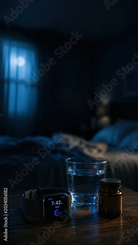 Vertical Close-Up of Sleep Tracker and Supplement Bottle on Dark Bedside Table