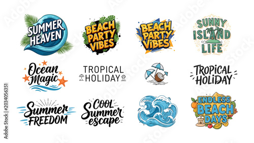 Photos Summer Vacation Vibes Collection: A vibrant compilation of hand-drawn, stylized graphics and typography celebrating the spirit of summer, featuring themes of beach parties, tropical holidays