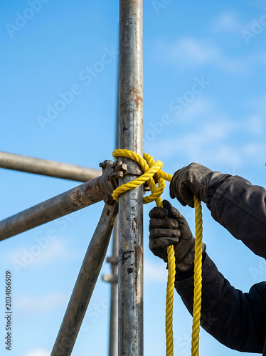Worker secures a rope to a metal support structure outdoors.