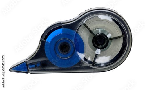 A side view of a semi-transparent correction tape dispenser with blue and white internal reels, isolated on a solid black background